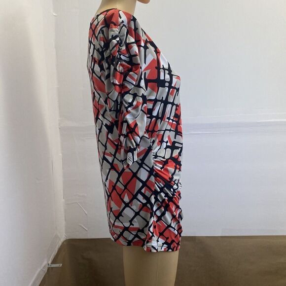 Alfani Blouse Womens M Black Red Geometric Print Short Ruched Sleeve Stretch - Picture 12 of 12